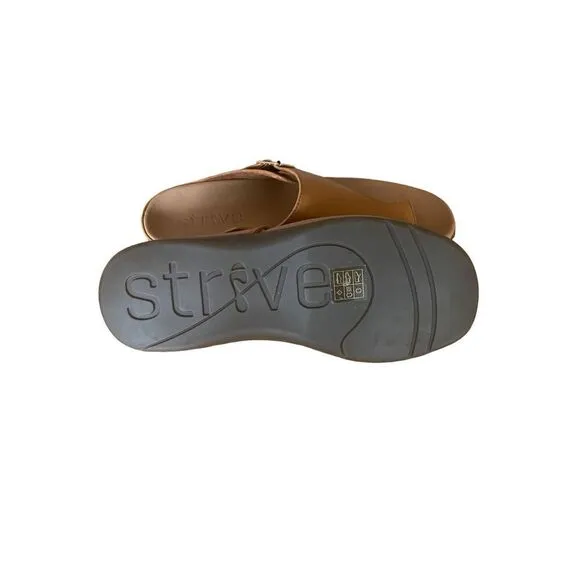 Strive Womens Tan Leather Comfortable and Arch Java Flat Sandal Size 9.5