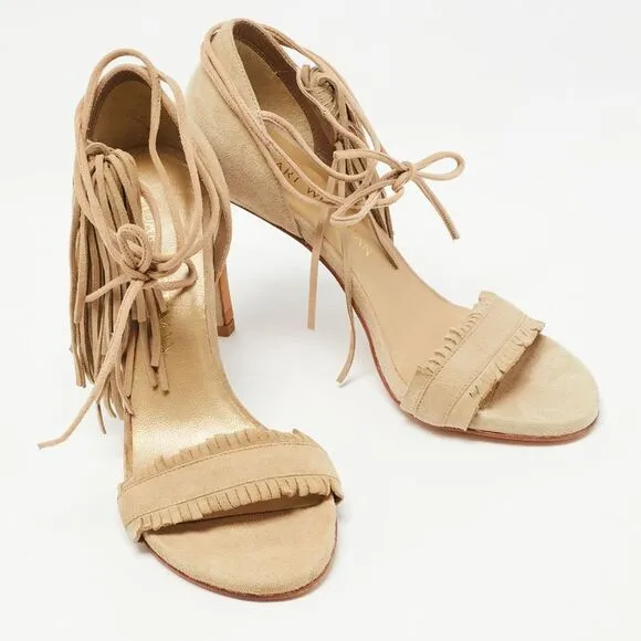 Stuart Weitzman Beige Suede Fringe Ankle Wrap Sandals Size 36