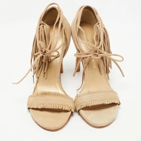 Stuart Weitzman Beige Suede Fringe Ankle Wrap Sandals Size 36