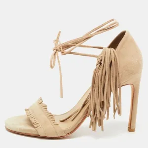 Stuart Weitzman Beige Suede Fringe Ankle Wrap Sandals Size 36