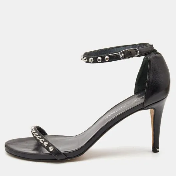 Stuart Weitzman Black Leather Studded Ankle Strap Sandals Size 39