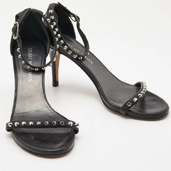 Stuart Weitzman Black Leather Studded Ankle Strap Sandals Size 39