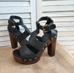 Stuart Weitzman Black Leather Wood Heels Studded Platform Sandals Size 7.5