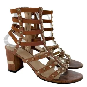 STUART WEITZMAN Brown Leather Studded Gladiator Cage Heeled Sandals Size 6.5
