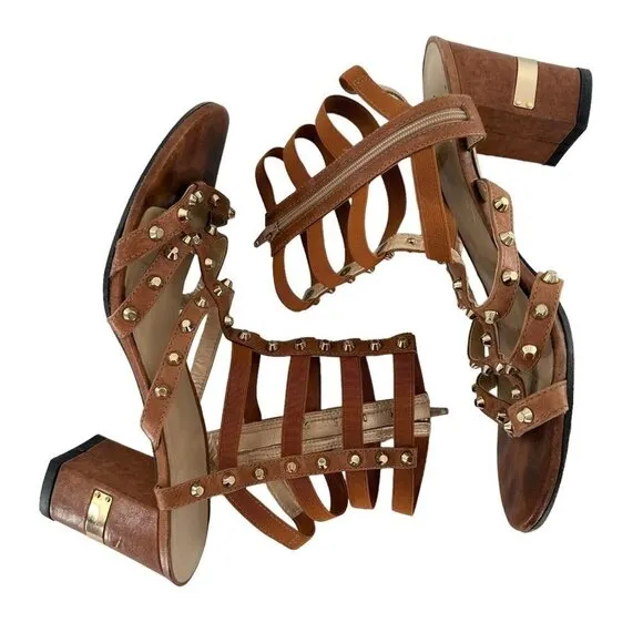 STUART WEITZMAN Brown Leather Studded Gladiator Cage Heeled Sandals Size 6.5