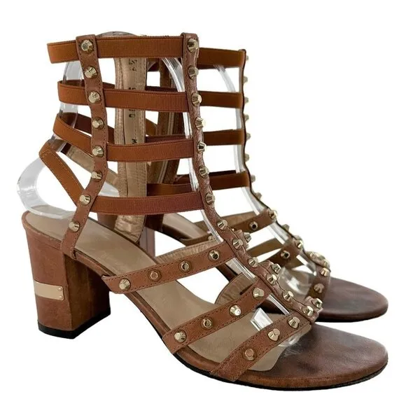 STUART WEITZMAN Brown Leather Studded Gladiator Cage Heeled Sandals Size 6.5