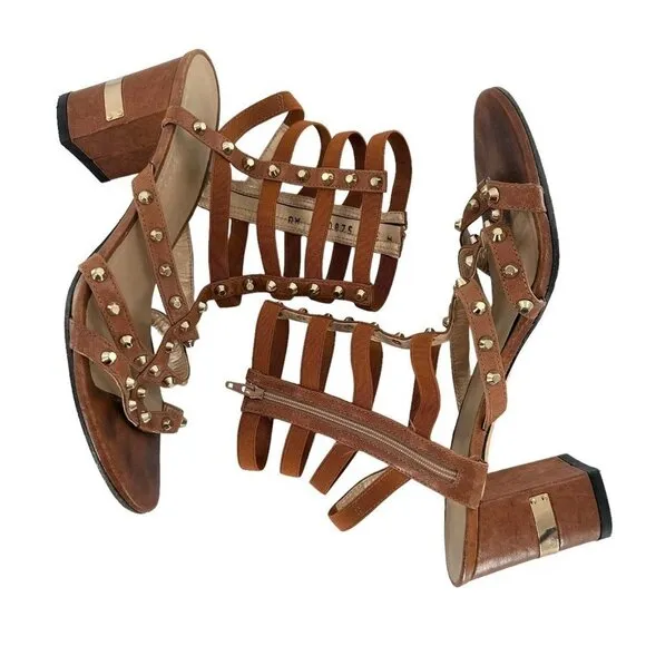STUART WEITZMAN Brown Leather Studded Gladiator Cage Heeled Sandals Size 6.5