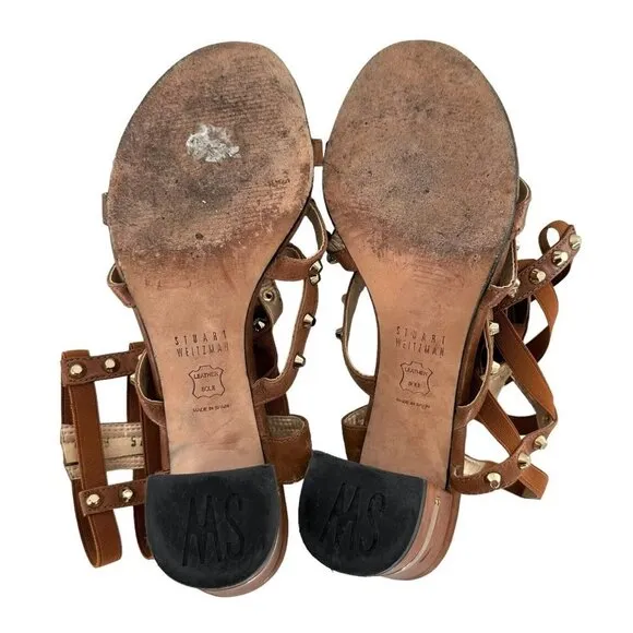STUART WEITZMAN Brown Leather Studded Gladiator Cage Heeled Sandals Size 6.5