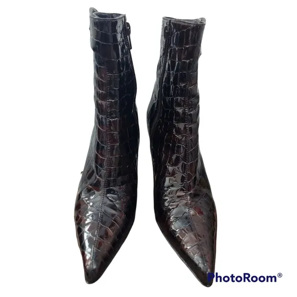 Stuart Weitzman croc embossed pointed toe patent leather ankle boots