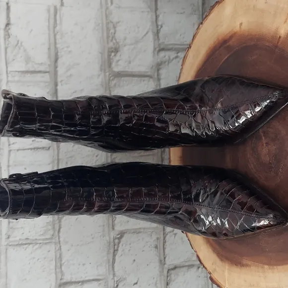 Stuart Weitzman croc embossed pointed toe patent leather ankle boots