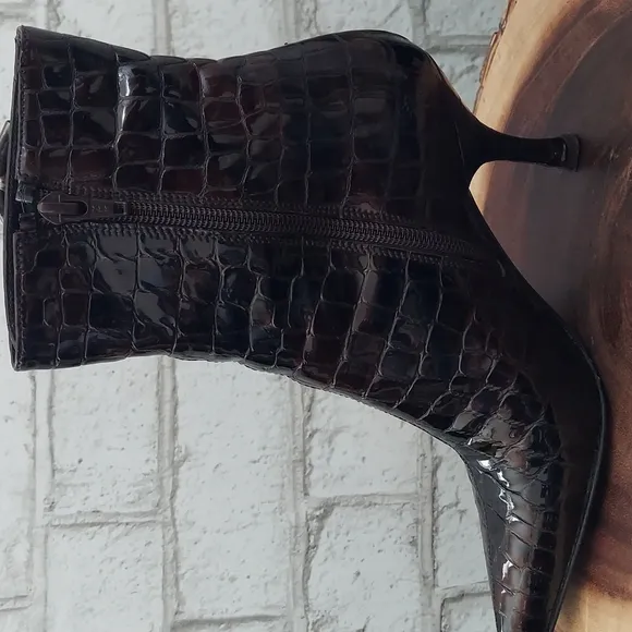 Stuart Weitzman croc embossed pointed toe patent leather ankle boots