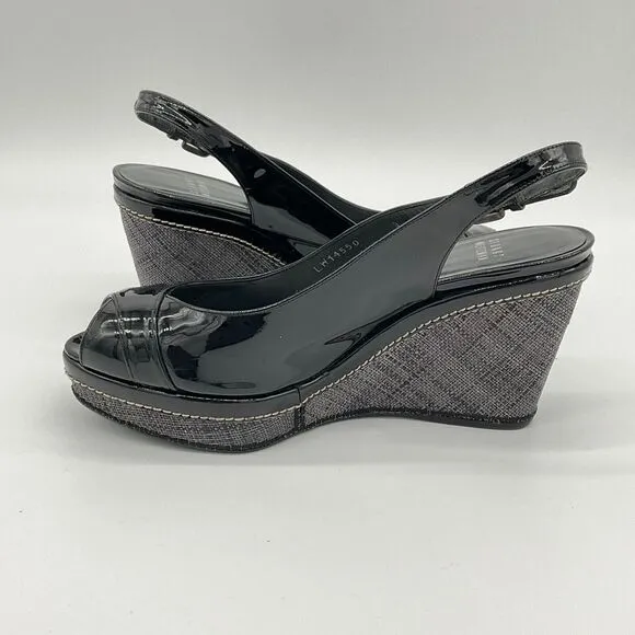 STUART WEITZMAN Excise Patent Leather Wedge Sandals Slingback Black‎ Size 9