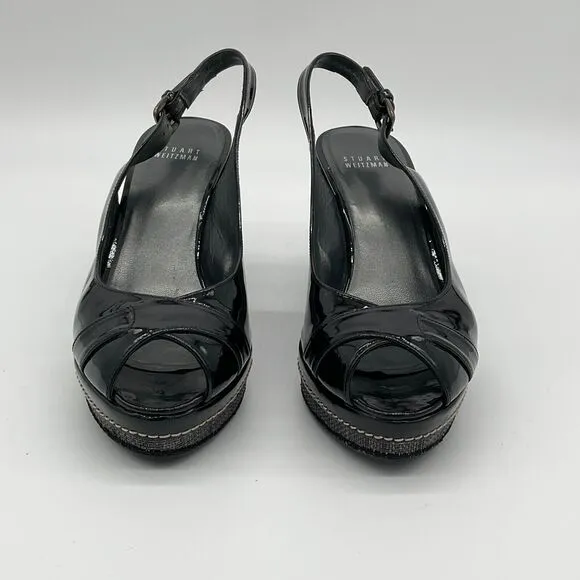 STUART WEITZMAN Excise Patent Leather Wedge Sandals Slingback Black‎ Size 9