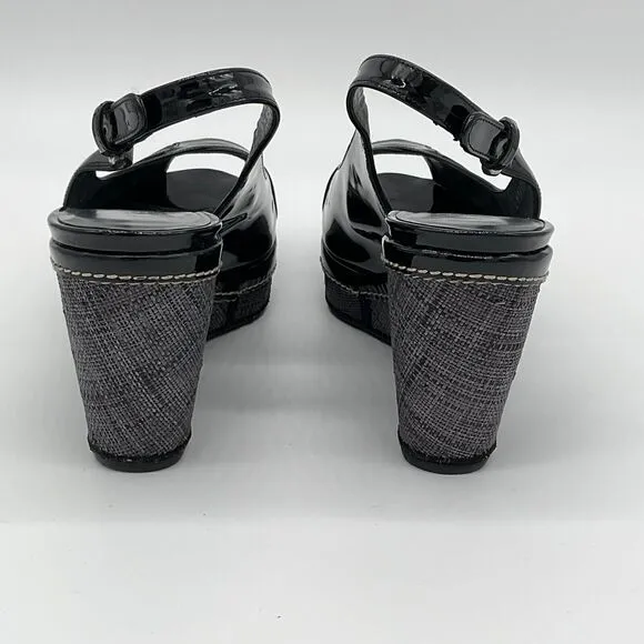 STUART WEITZMAN Excise Patent Leather Wedge Sandals Slingback Black‎ Size 9