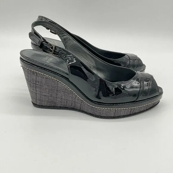 STUART WEITZMAN Excise Patent Leather Wedge Sandals Slingback Black‎ Size 9