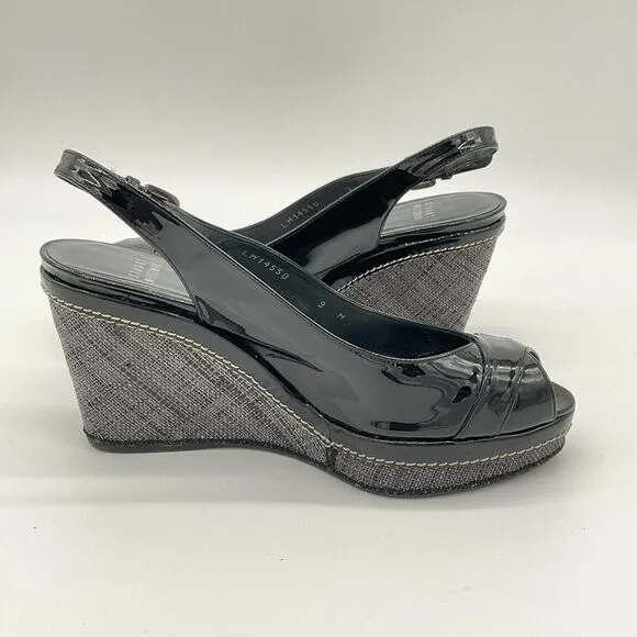 STUART WEITZMAN Excise Patent Leather Wedge Sandals Slingback Black‎ Size 9