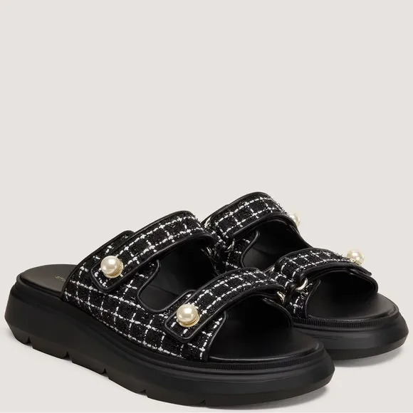 Stuart Weitzman Goldie Sport Slide Black Tweed Sandals Size 6