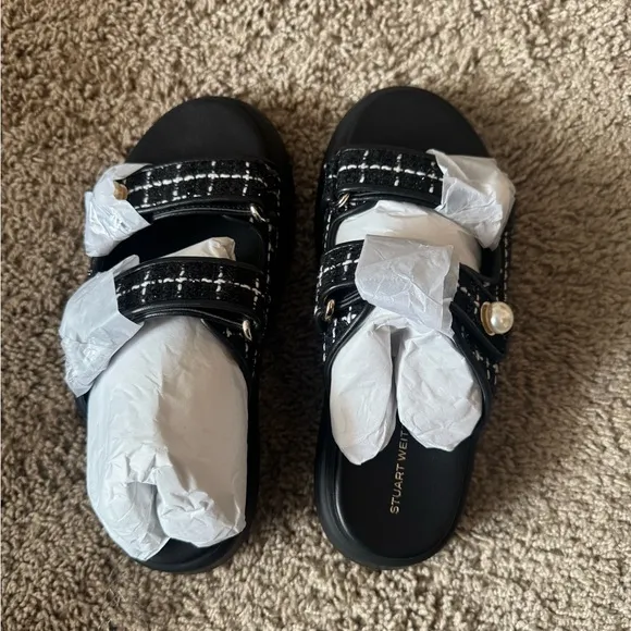 Stuart Weitzman Goldie Sport Slide Black Tweed Sandals Size 6