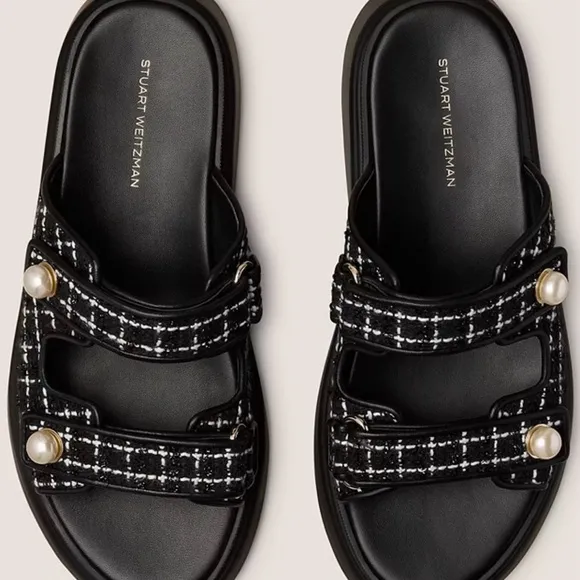 Stuart Weitzman Goldie Sport Slide Black Tweed Sandals Size 6