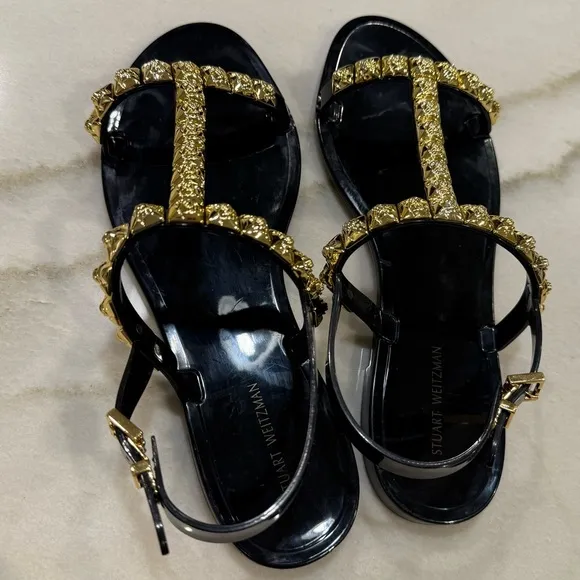 Stuart Weitzman Jelly Sandals Size 8 Black Gold Embellishments