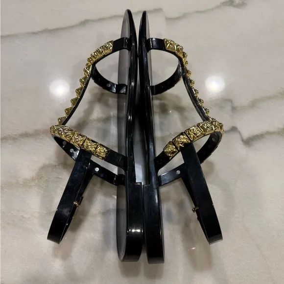Stuart Weitzman Jelly Sandals Size 8 Black Gold Embellishments