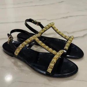 Stuart Weitzman Jelly Sandals Size 8 Black Gold Embellishments