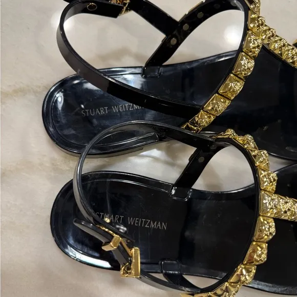 Stuart Weitzman Jelly Sandals Size 8 Black Gold Embellishments