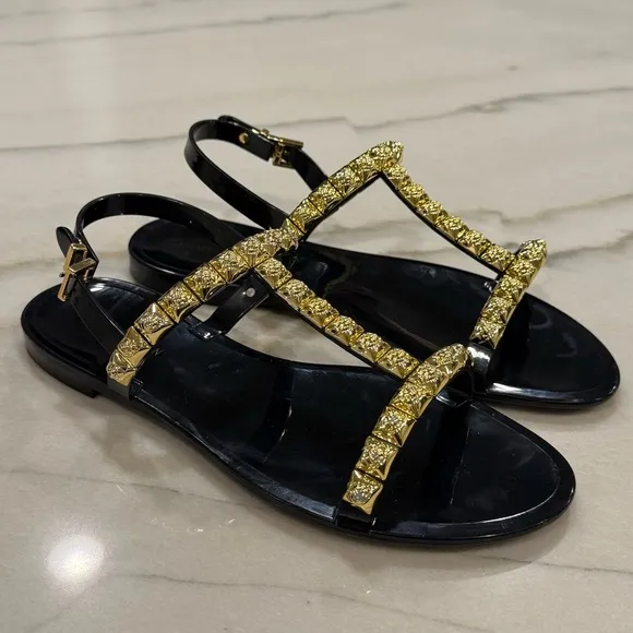 Stuart Weitzman Jelly Sandals Size 8 Black Gold Embellishments