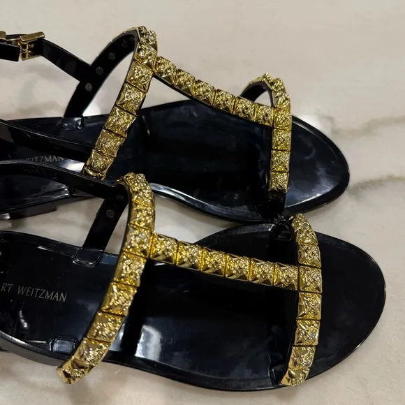 Stuart Weitzman Jelly Sandals Size 8 Black Gold Embellishments