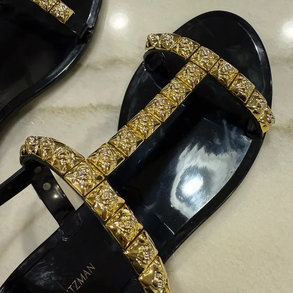 Stuart Weitzman Jelly Sandals Size 8 Black Gold Embellishments