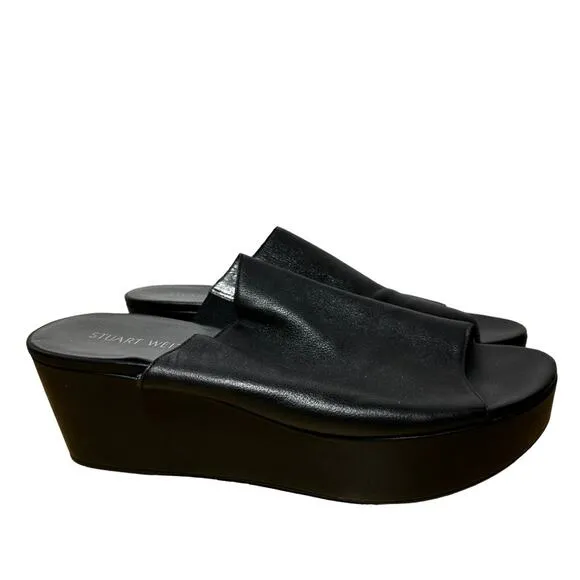 Stuart Weitzman Muletrain Wedge Sandals Leather Platform Wide Strap Black 9M