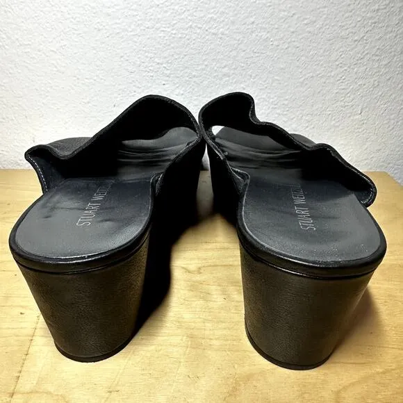 Stuart Weitzman Muletrain Wedge Sandals Leather Platform Wide Strap Black 9M