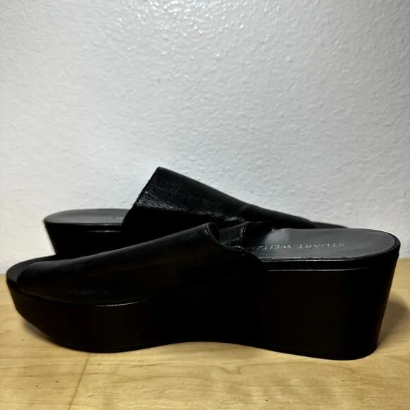 Stuart Weitzman Muletrain Wedge Sandals Leather Platform Wide Strap Black 9M