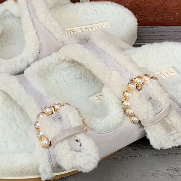 Stuart Weitzman Piper Pearl Studded Shearling Slides
