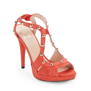 Stuart Weitzman Ratatat Studded Suede Sandals High Heels Orange Red Size 10
