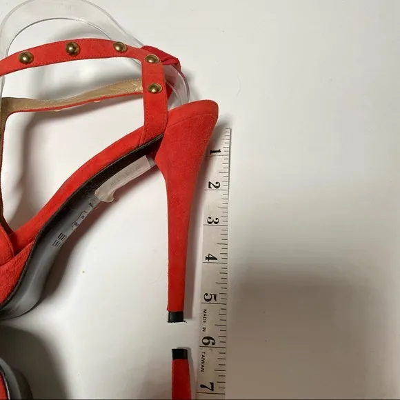 Stuart Weitzman Ratatat Studded Suede Sandals High Heels Orange Red Size 10