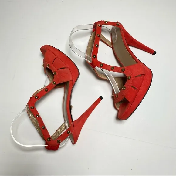 Stuart Weitzman Ratatat Studded Suede Sandals High Heels Orange Red Size 10