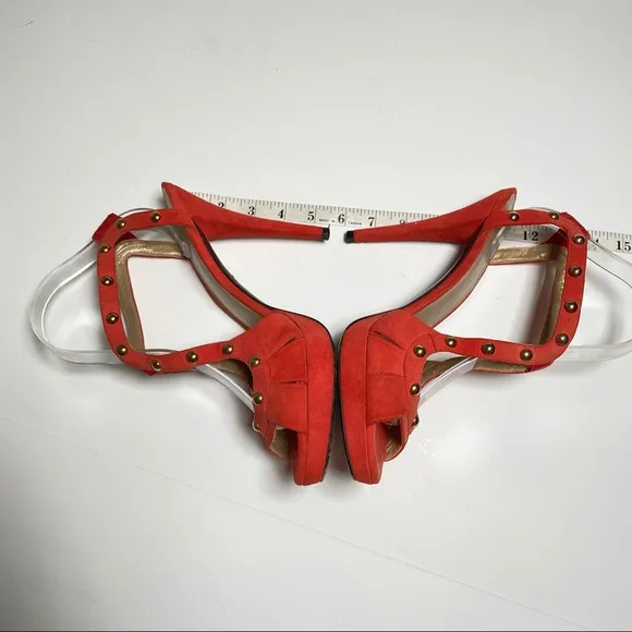 Stuart Weitzman Ratatat Studded Suede Sandals High Heels Orange Red Size 10