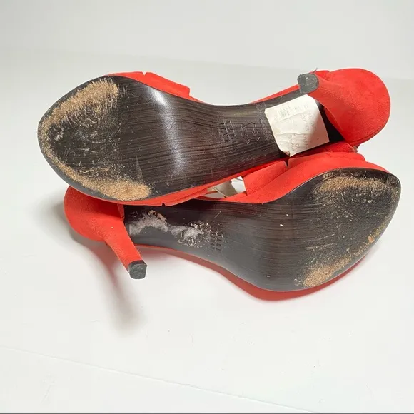 Stuart Weitzman Ratatat Studded Suede Sandals High Heels Orange Red Size 10