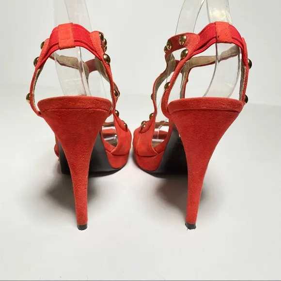 Stuart Weitzman Ratatat Studded Suede Sandals High Heels Orange Red Size 10