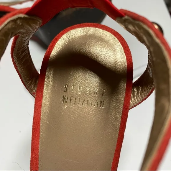 Stuart Weitzman Ratatat Studded Suede Sandals High Heels Orange Red Size 10