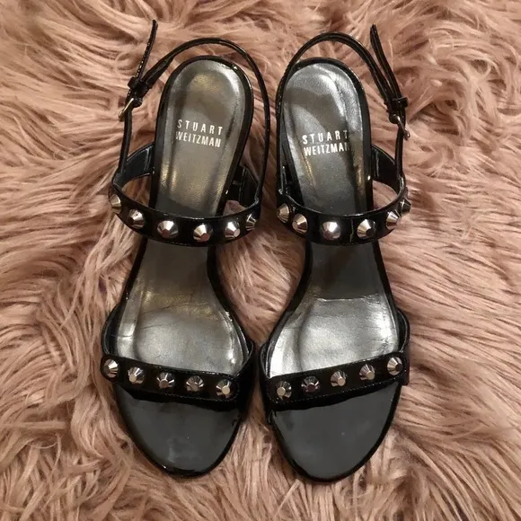 Stuart Weitzman Rivet Lowball Black Patent Wedge Sandals