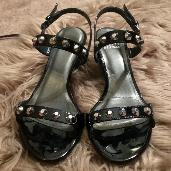 Stuart Weitzman Rivet Lowball Black Patent Wedge Sandals
