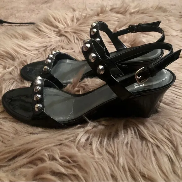 Stuart Weitzman Rivet Lowball Black Patent Wedge Sandals