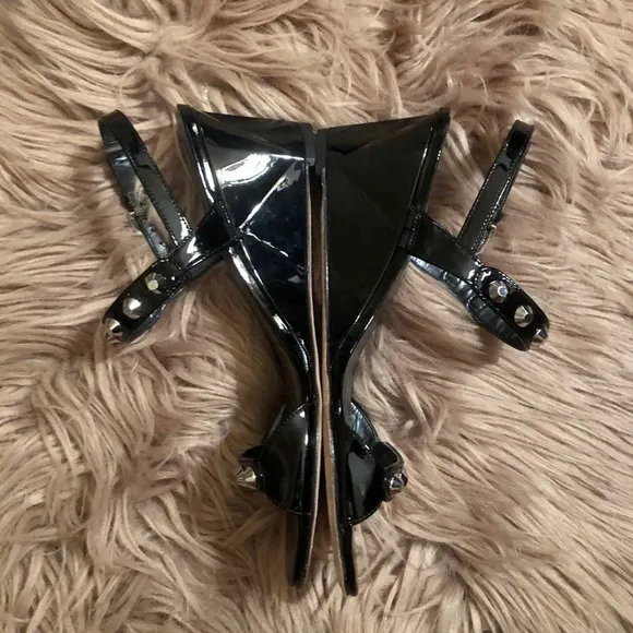 Stuart Weitzman Rivet Lowball Black Patent Wedge Sandals