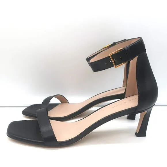 Stuart Weitzman Square Nudist Sandals Black Leather Size 9 Ankle Strap Heels NEW