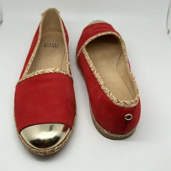 Stuart Weitzman Suede‎ Espadrille Flats Wicker Trim &amp; Gold Toe Loafers Size 9.5