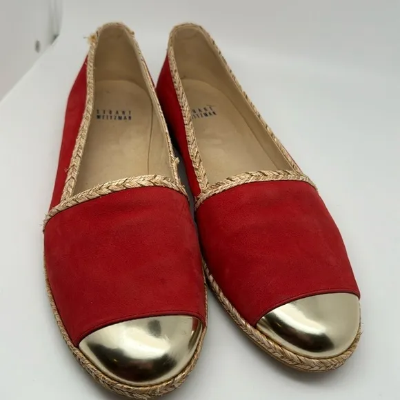 Stuart Weitzman Suede‎ Espadrille Flats Wicker Trim &amp; Gold Toe Loafers Size 9.5