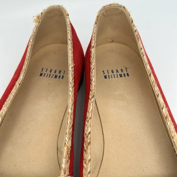 Stuart Weitzman Suede‎ Espadrille Flats Wicker Trim &amp; Gold Toe Loafers Size 9.5