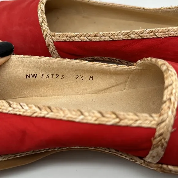 Stuart Weitzman Suede‎ Espadrille Flats Wicker Trim &amp; Gold Toe Loafers Size 9.5